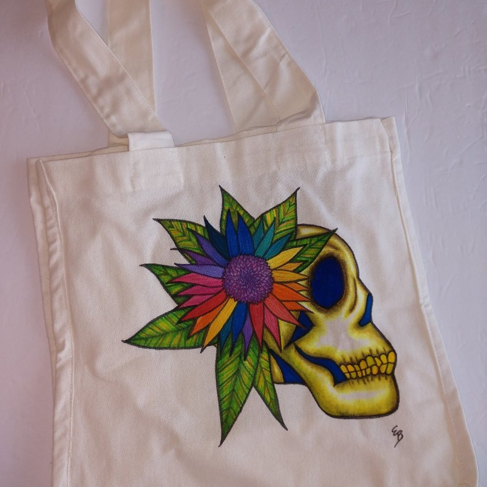 Hand-Painted Skull Tote Bag: Rainbow Sunflower, Eco-Friendly Canvas 14x13x7